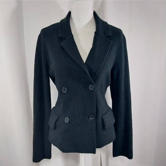 ANN TAYLOR! RICH BLACK DENSELY KNIT DOUBLE BREASTED SWEATER JACKET! SZ LT - Picture 2 of 9